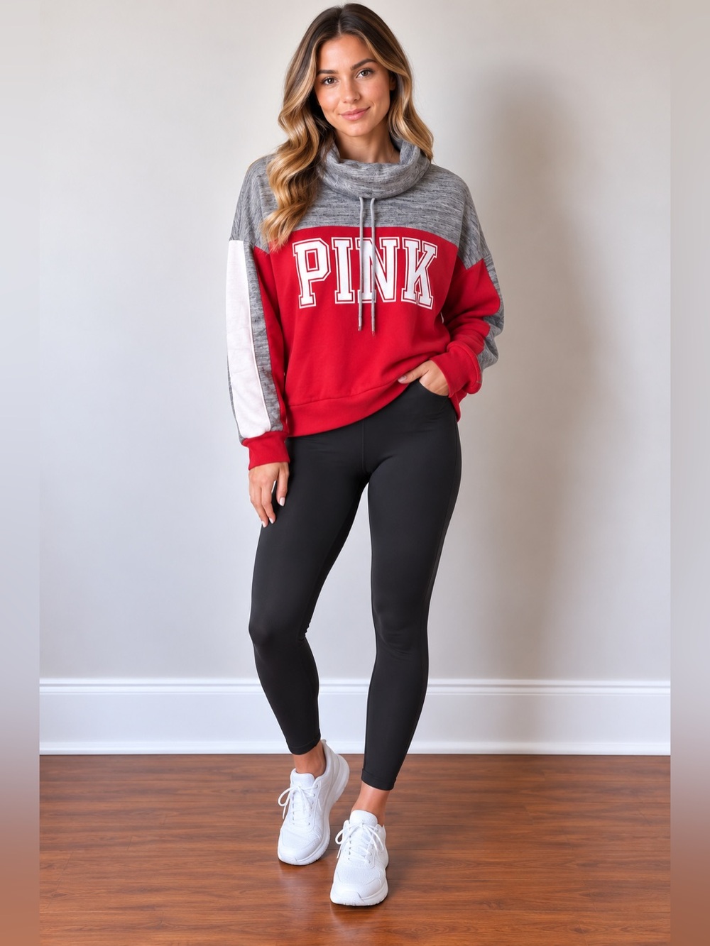 Victoria's Secret PINK Gray and Red Colorblock Funnel Neck Sweatshirt